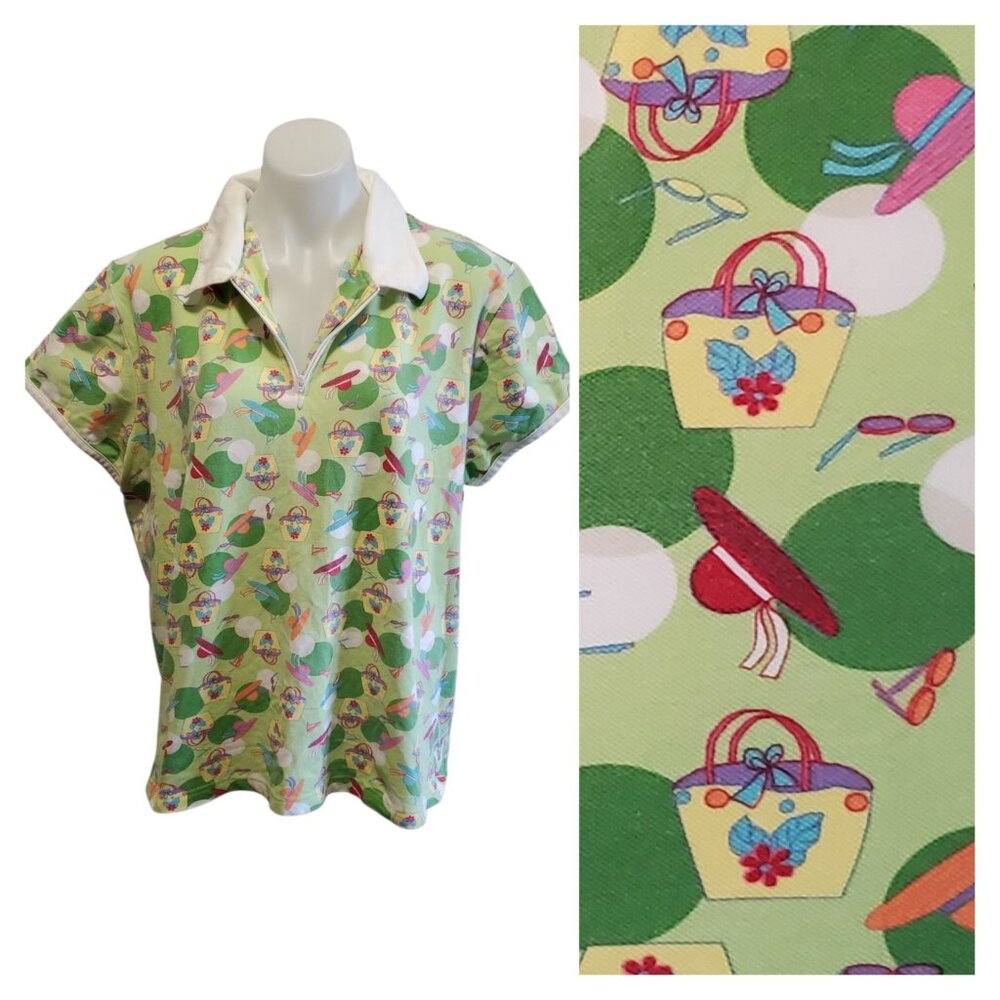 Vintage C.J Banks Novelty Print Golf Top L/XL Sunhats Bags Sunglasses Preppy Y2K